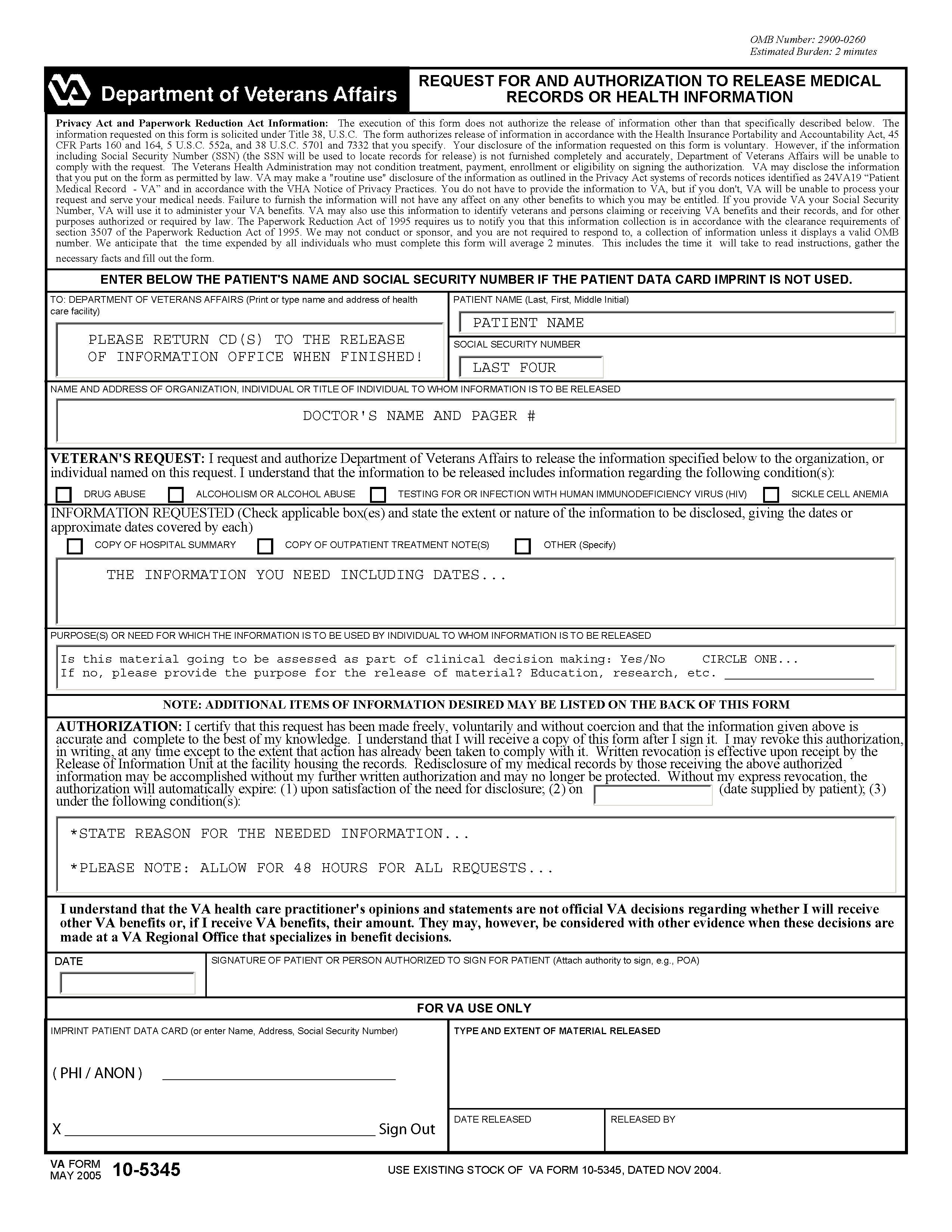 Sample Completed Form 10 5345 Department Of Radiology Uw