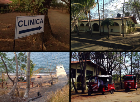 4-panel images of Managua: upper left, a sign that says Clinica; upper right, an arched 1-story building; lower right, two 3-wheeled small open-sided vehicles; lower left, looking out to water at a sandy beach and pier