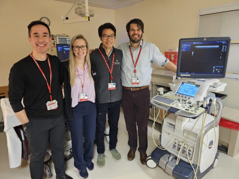 Faculty instructors for the abdominal ultrasound station. From left to tright: Matthew Lee, MD; Leslie Nelson, DO; Michio Taya, MD; and Guiseppe Toia, MD