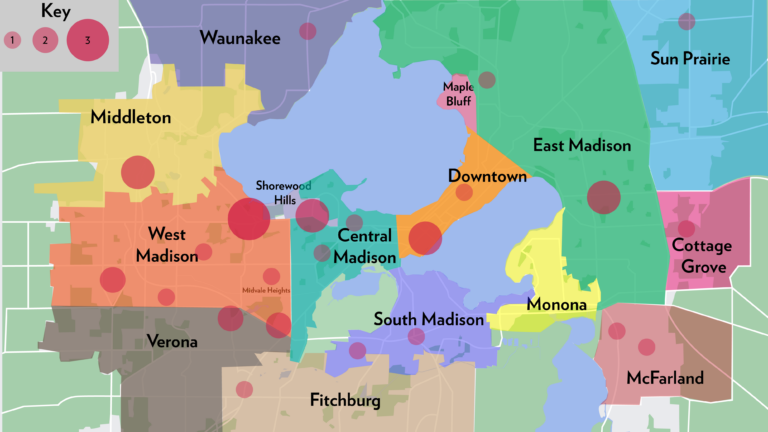 Map of Madison-area neighborhoods showing where current residents live, with red circles indicating higher or lower concentrations.