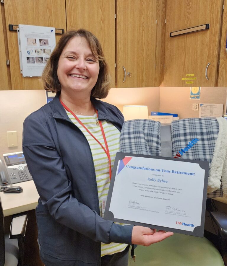 Kelly Bybee received a service award from UW Health for her important contributions over her extensive career.
