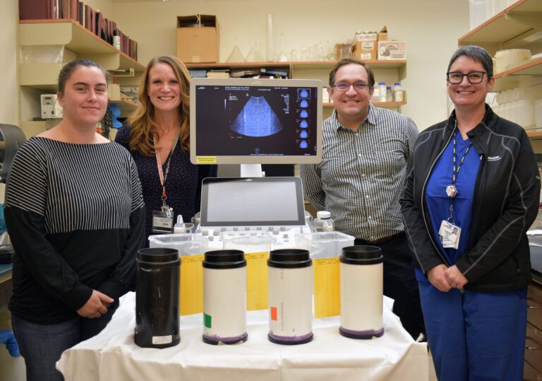 Some members of UW’s team: (from left to right) Hayley Whitson, Amber Possell, Dr. Rosado-Mendez, and Dr. Mankowski-Gettle (photo credit: Catherine Showers)