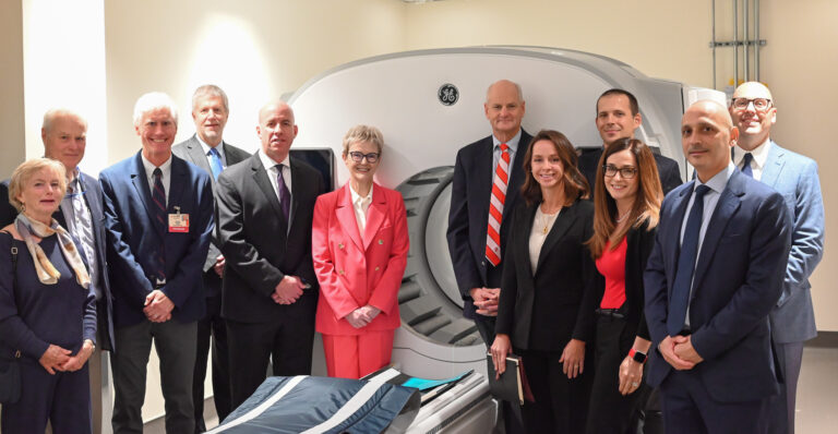 As part of the celebration, GE HealthCare members and members of the radiology department toured the Eastpark Medical Center to view the radiology service areas, including the StarGuide scanner. Left to right: Jeanne Grist, Jamey Weichert, Michael Tuite, James Pipe, Adam Holton, Catherine Estrampes, Thomas Grist, Erin Angel, Tim Szczykutowicz, Manuela Govin, Ertan Cetingul, Chad Rowland.
