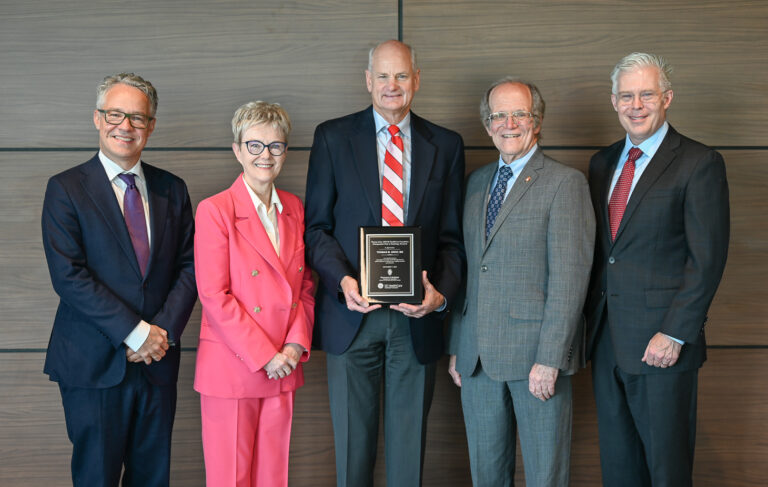 From left to right: Roland Rott, president and CEO of Imaging, GE HealthCare; Catherine Estrampes president and CEO, GE HealthCare in U.S. and Canada; Thomas Grist, MD; Robert Golden, MD; and Scott Reeder, MD, PhD, chair of UW Department of Radiology.