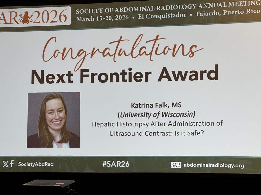 A powerpoint slide that reads 'Congratulations, Next Frontier Award, Katrina Falk'