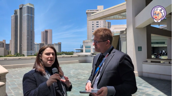 Dania Daye, MD, PhD being interviewed by Erik Ridley during the ISMRM annual meeting.
