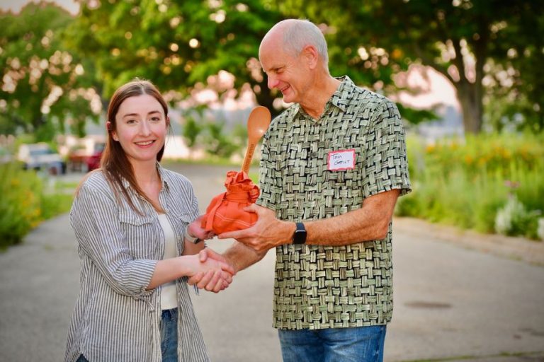 While members of the Department already discovered about Emily Krueger’s passion for baking after she won a dessert contest at the Welcome Picnic, they learned more about her – and the other R1s – during the faculty meeting on September 13. (Photo by Sandip Biswal)