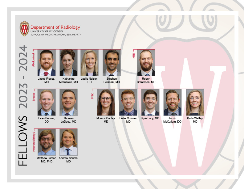 University of Wisconsin Department of Radiology 2023–2024 residents directory, showing resident headshots and names organized by training year (Radiology 1–4), Interventional Radiology, Nuclear Medicine, and Integrated Interventional Radiology tracks.
