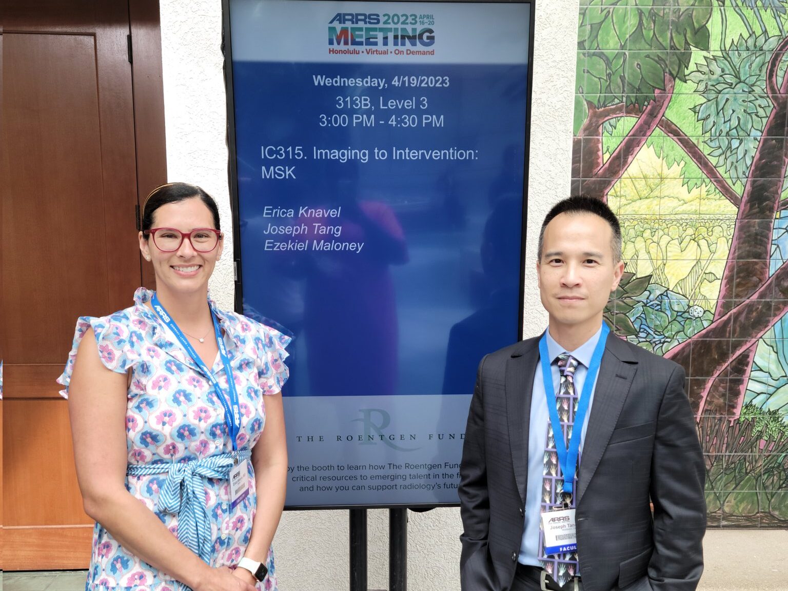 Erica Knavel Koepsel, MD and Joseph Tang, MD before presenting “Imaging to Intervention: MSK” on April 19. (Photo courtesy of Jade Anderson)