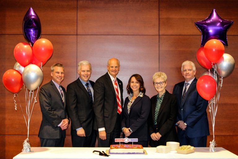 Leaders from the UW School of Medicine and Public Health and GE HealthCare gather to celebrate the commitment. From left to right: Frank Korosec, professor for the UW Department of Radiology, Scott Reeder, senior vice chair of research for UW Department of Radiology; Thomas Grist, chair of the the UW Department of Radiology; Erin Angel, VP, U.S. and Canada Research and Scientific Affairs at GE HealthCare; Catherine Estrampes, President and CEO, U.S. and Canada at GE HealthCare; and Jay Hill, VP, Advanced Technology at GE HealthCare.